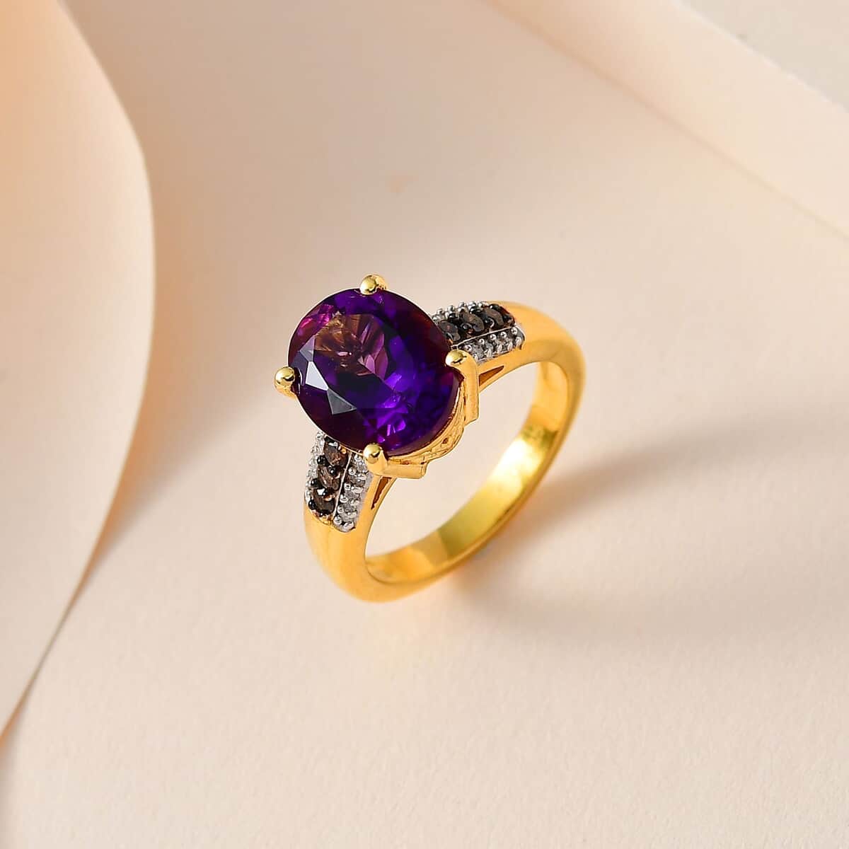 Moroccan Amethyst, Natural Champagne and White Diamond Ring in Vermeil Yellow Gold Over Sterling Silver (Size 6.0) 3.85 ctw image number 1