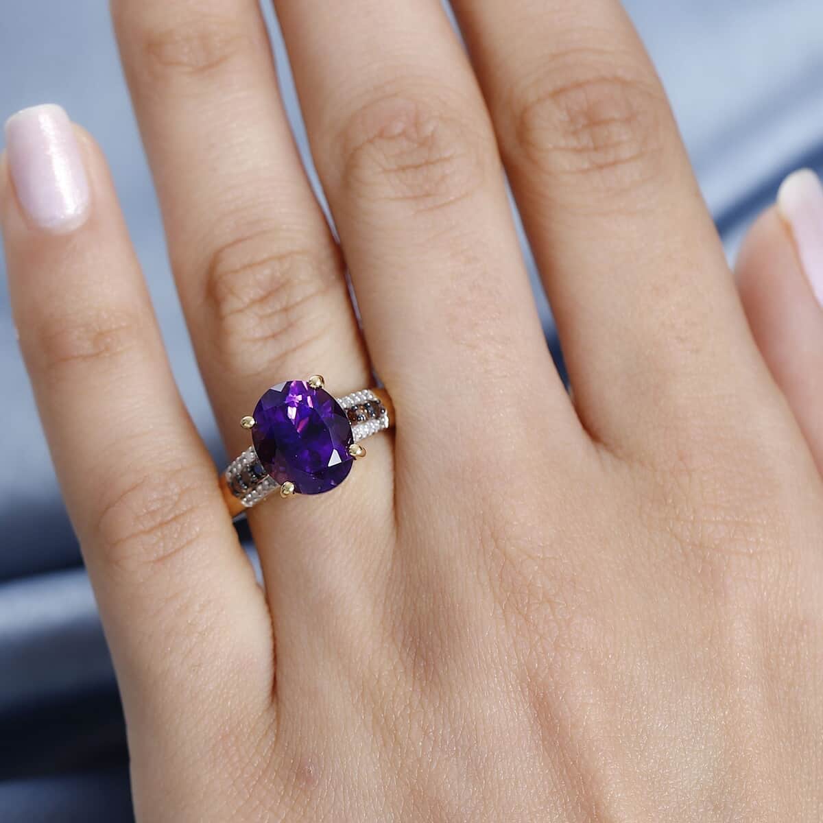 Moroccan Amethyst, Natural Champagne and White Diamond Ring in Vermeil Yellow Gold Over Sterling Silver (Size 6.0) 3.85 ctw image number 2