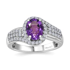 Moroccan Amethyst and Moissanite Ring in Platinum Over Sterling Silver (Size 10.0) 1.75 ctw