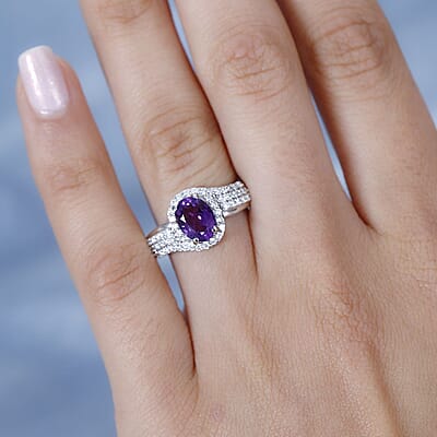 Moroccan Amethyst and Moissanite Ring in Platinum Over Sterling Silver (Size 10.0) 1.75 ctw