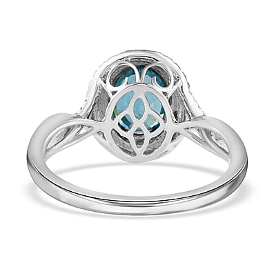 Iliana 18K White Gold AAA Blue Zircon and G-H SI Diamond Double Halo Ring (Size 12.0) 4.45 Grams 3.85 ctw