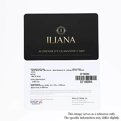 Iliana 18K White Gold AAA Blue Zircon and G-H SI Diamond Double Halo Ring (Size 12.0) 4.45 Grams 3.85 ctw
