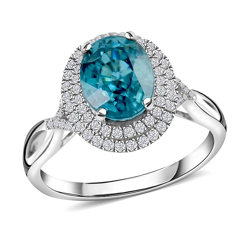 Iliana 18K White Gold AAA Blue Zircon and G-H SI Diamond Double Halo Ring (Size 5.0) 4.45 Grams 3.85 ctw