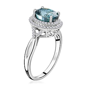 Iliana AAA Blue Zircon and G-H SI Diamond 3.85 ctw Double Halo Ring in 18K White Gold (Size 7.5) 4.45 Grams