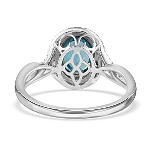 Iliana AAA Blue Zircon and G-H SI Diamond 3.85 ctw Double Halo Ring in 18K White Gold (Size 7.5) 4.45 Grams