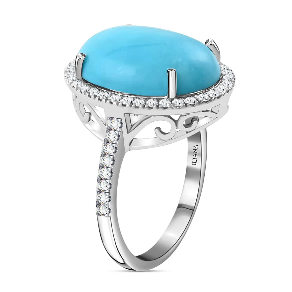 Iliana 18K White Gold AAA Sleeping Beauty Turquoise and G-H SI Diamond Halo Ring (Size 10.5) 5.70 Grams 7.00 ctw