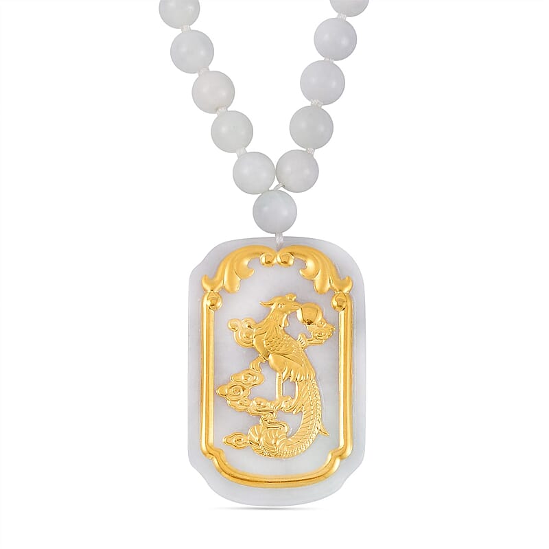 24K Yellow Gold Natural Jade phoenix Dragon Pendant With Beaded Necklace 28 Inches 520.00 ctw