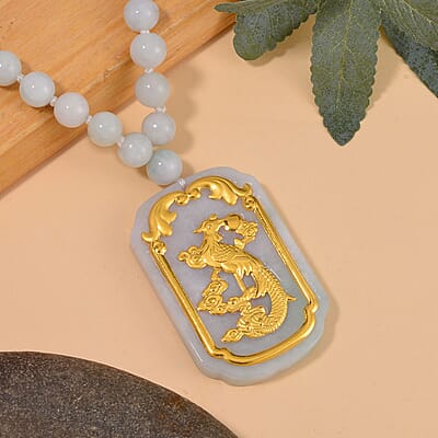 24K Yellow Gold Natural Jade phoenix Dragon Pendant With Beaded Necklace 28 Inches 520.00 ctw
