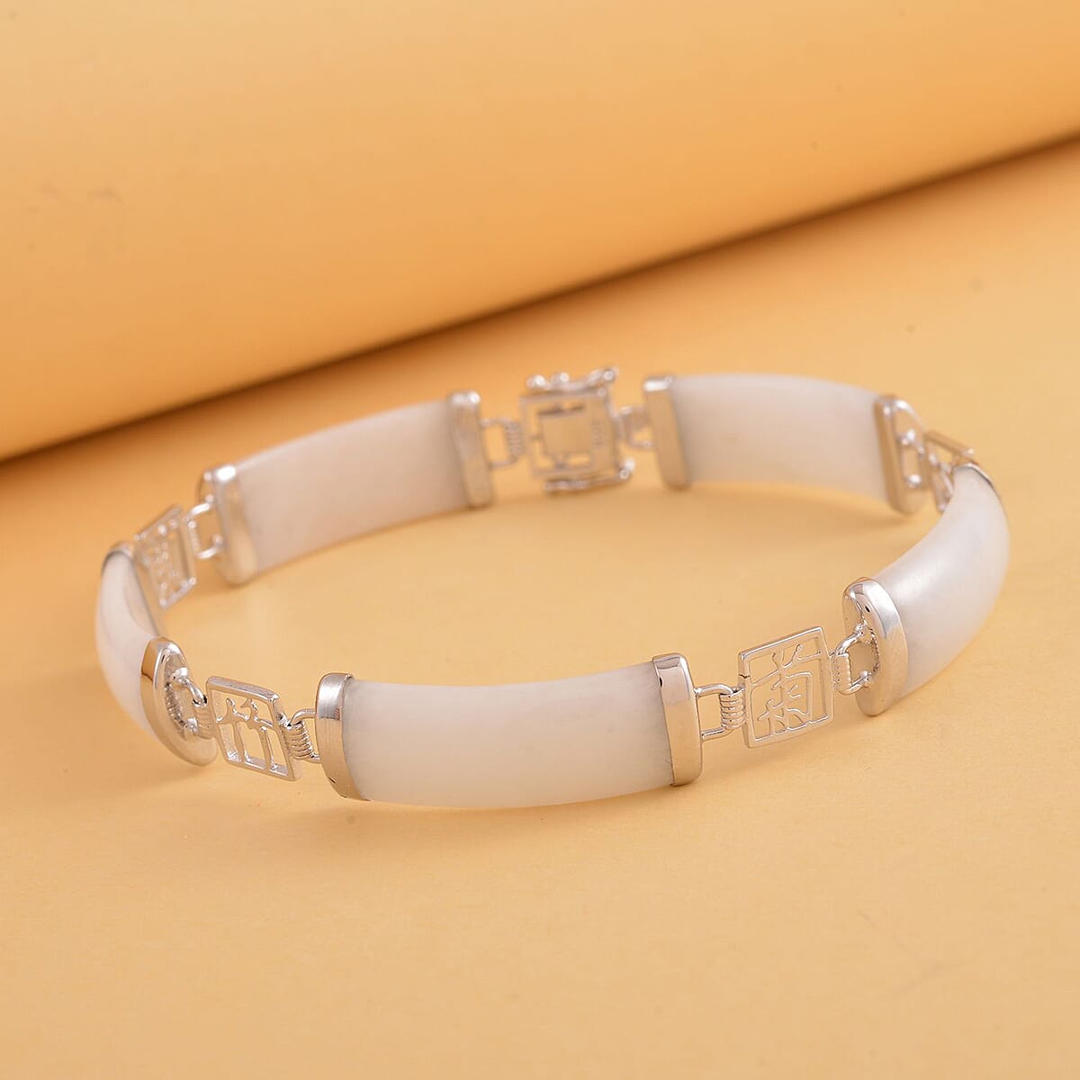 Natural Jade Chinese Characters Bracelet in Platinum Over Sterling Silver (6.50 In) 60.00 ctw image number 1