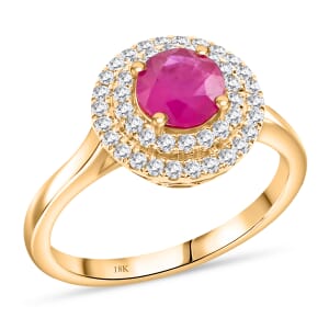 Iliana AAA Ruby and G-H SI Diamond 1.50 ctw Double Halo Ring in 18K Yellow Gold (Size 10.5) 4 Grams