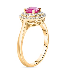 Iliana AAA Ruby and G-H SI Diamond 1.50 ctw Double Halo Ring in 18K Yellow Gold (Size 12.0) 4 Grams