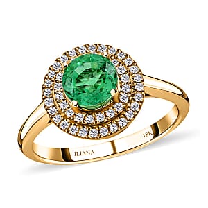 Iliana 18K Yellow Gold AAA Kagem Zambian Emerald and Diamond G-H SI Double Halo Ring (Size 11.0) 4.50 Grams 1.25 ctw