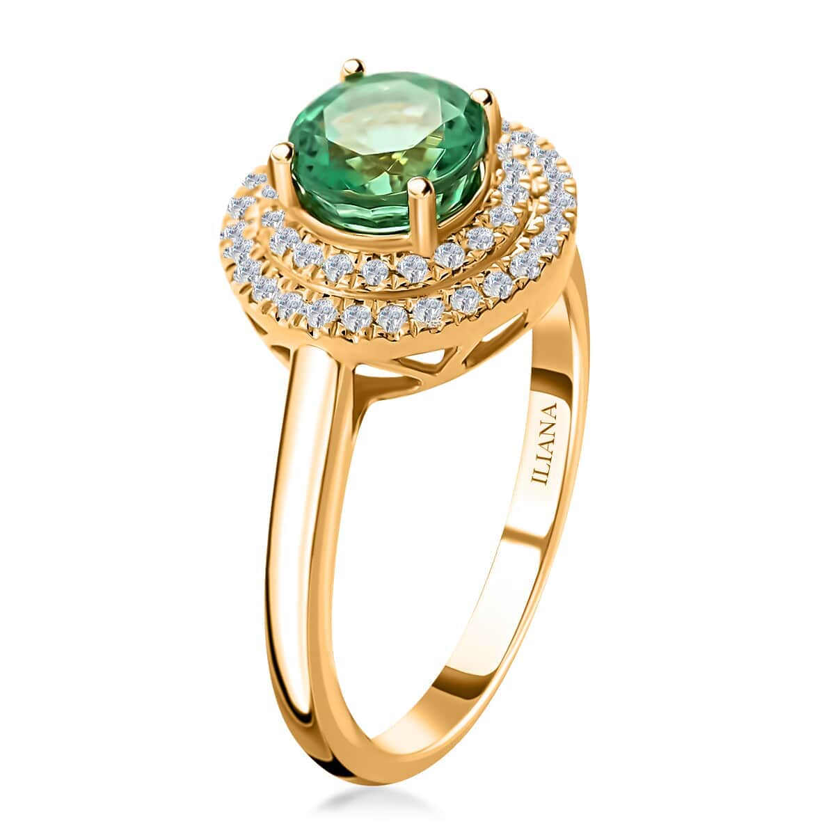 Iliana AAA Kagem Zambian Emerald and G-H SI Diamond 1.25 ctw Double Halo Ring in 18K Yellow Gold (Size 8.5) 4.50 Grams image number 2