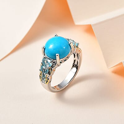 Sleeping Beauty Turquoise and Madagascar Paraiba Apatite Ring in Vermeil YG and Platinum Over Sterling Silver (Size 10.0) 5.30 ctw