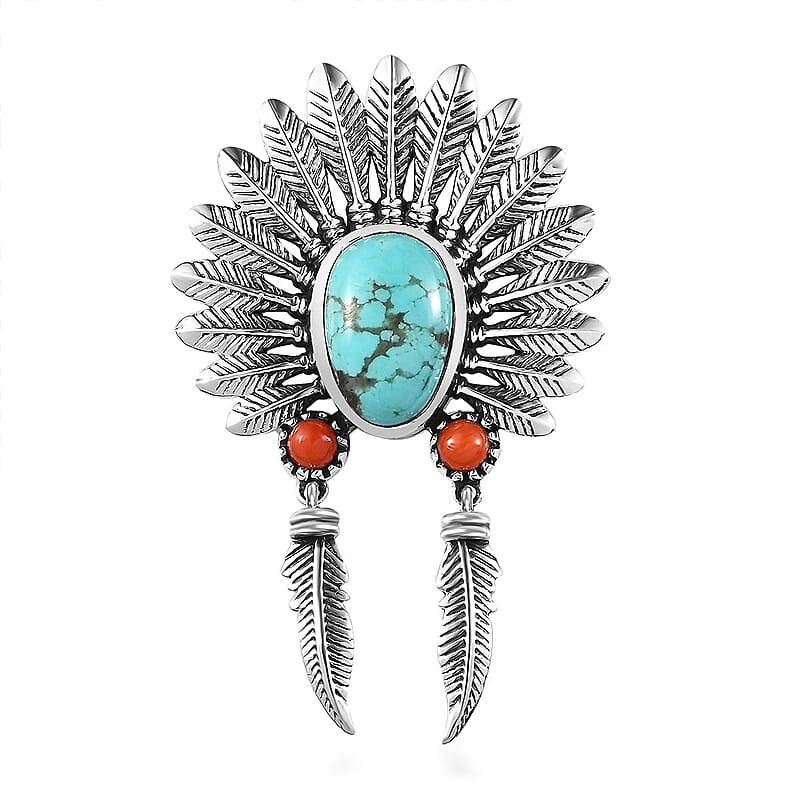 Artisan Crafted Sierra Nevada Turquoise and Coral Feather Pendant without Chain in Sterling Silver 2.50 ctw