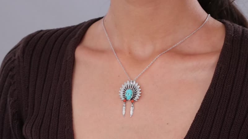 Artisan Crafted Sierra Nevada Turquoise and Coral Feather Pendant without Chain in Sterling Silver 2.50 ctw