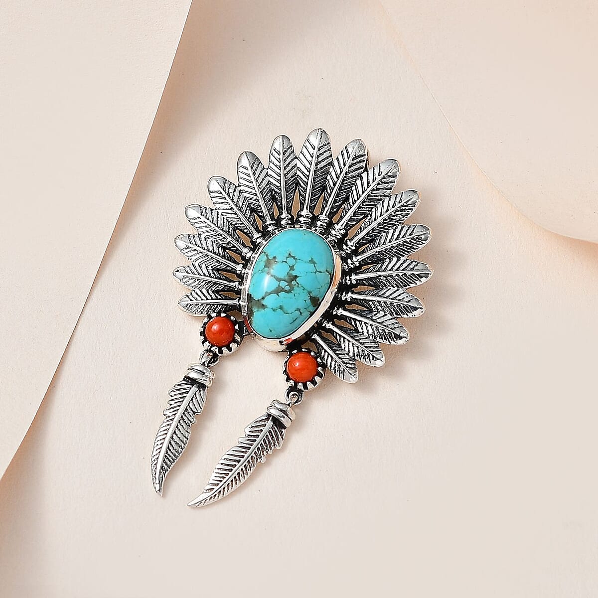 Artisan Crafted Sierra Nevada Turquoise and Coral Feather Pendant without Chain in Sterling Silver 2.50 ctw image number 1