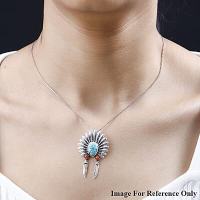 Artisan Crafted Sierra Nevada Turquoise and Coral Feather Pendant without Chain in Sterling Silver 2.50 ctw