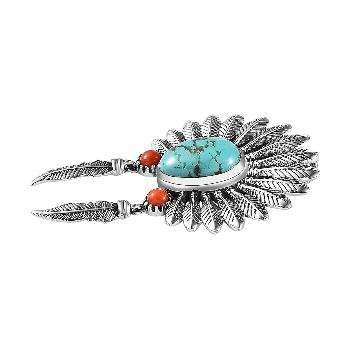 Artisan Crafted Sierra Nevada Turquoise and Coral Feather Pendant without Chain in Sterling Silver 2.50 ctw image number 3