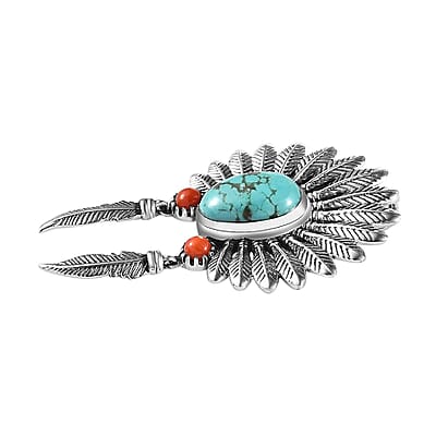 Artisan Crafted Sierra Nevada Turquoise and Coral Feather Pendant without Chain in Sterling Silver 2.50 ctw