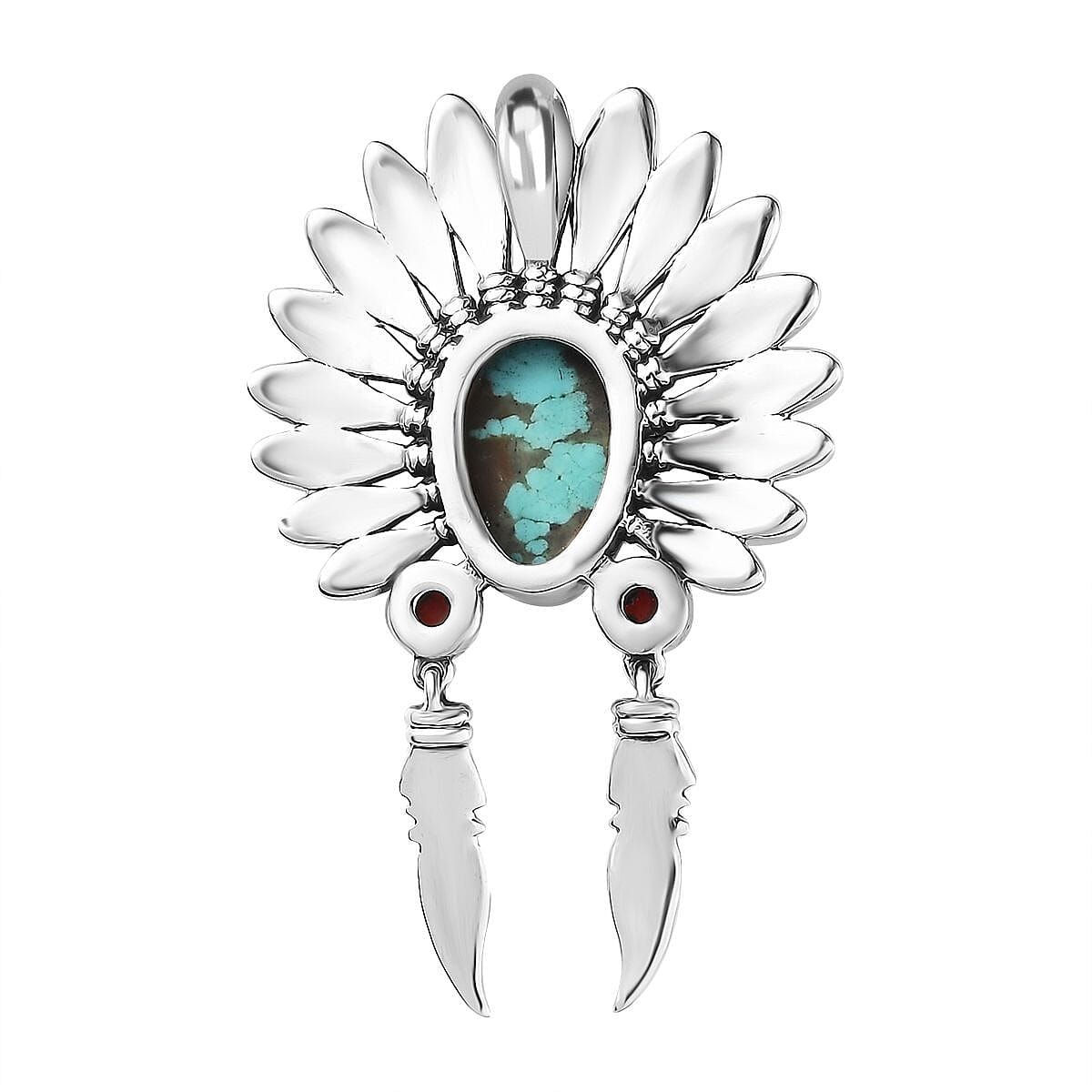 Artisan Crafted Sierra Nevada Turquoise and Coral Feather Pendant without Chain in Sterling Silver 2.50 ctw