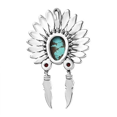Artisan Crafted Sierra Nevada Turquoise and Coral Feather Pendant without Chain in Sterling Silver 2.50 ctw