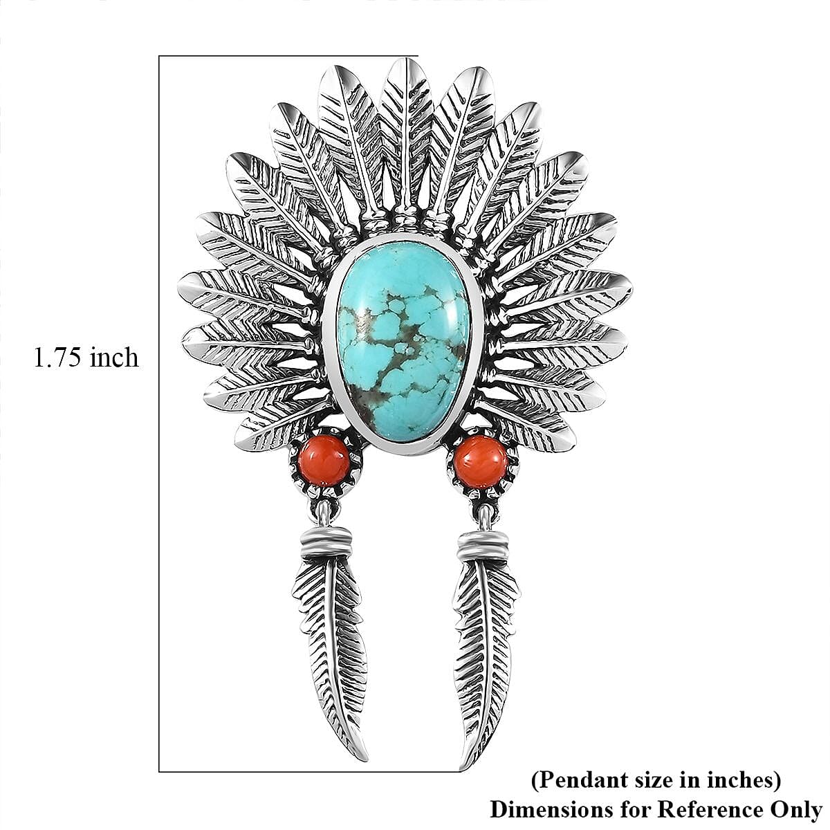 Artisan Crafted Sierra Nevada Turquoise and Coral Feather Pendant without Chain in Sterling Silver 2.50 ctw image number 5