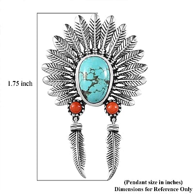 Artisan Crafted Sierra Nevada Turquoise and Coral Feather Pendant without Chain in Sterling Silver 2.50 ctw