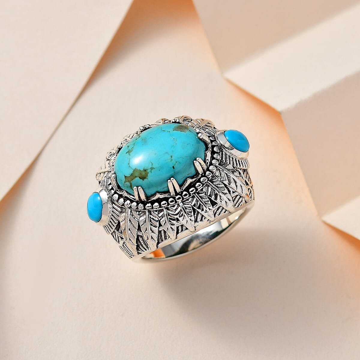 Artisan Crafted Sierra Nevada Turquoise and Sleeping Beauty Turquoise Feather Ring in Sterling Silver (Size 7.0) 6.40 ctw image number 1