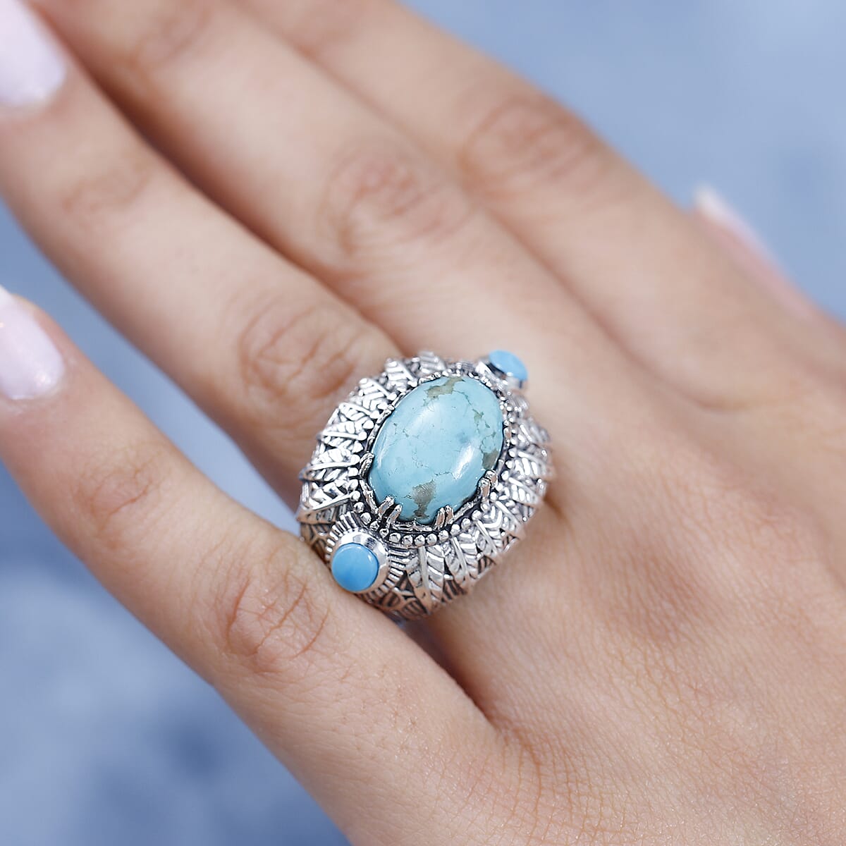 Artisan Crafted Sierra Nevada Turquoise and Sleeping Beauty Turquoise Feather Ring in Sterling Silver (Size 7.0) 6.40 ctw image number 2