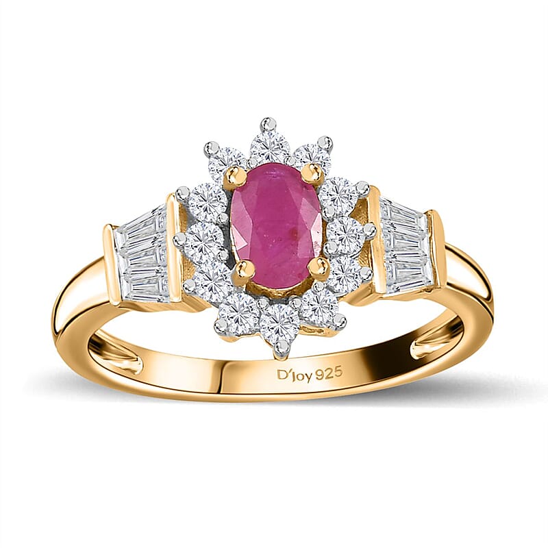 Premium Montepuez Ruby and White Zircon Sunburst Ring in Vermeil Yellow Gold Over Sterling Silver (Size 10.0) 1.35 ctw