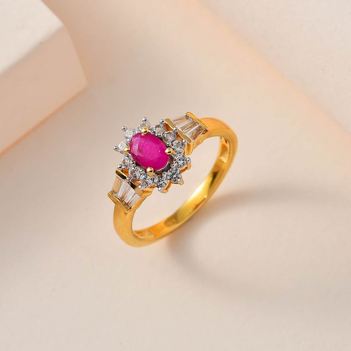 Premium Montepuez Ruby and White Zircon Sunburst Ring in Vermeil Yellow Gold Over Sterling Silver (Size 10.0) 1.35 ctw image number 1