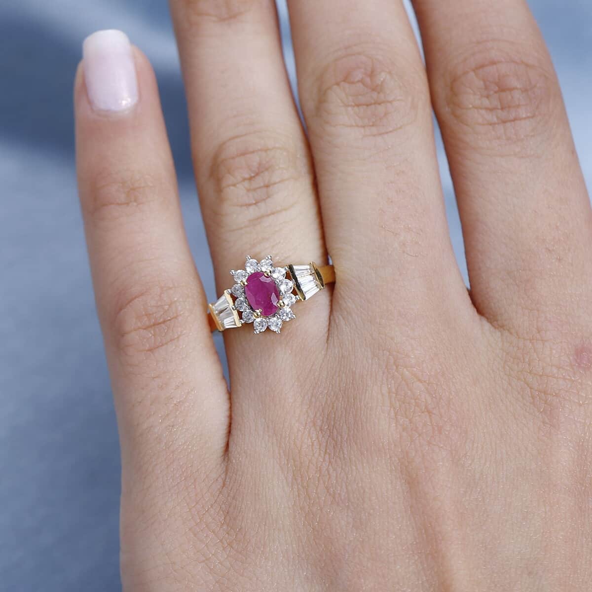 Premium Montepuez Ruby and White Zircon Sunburst Ring in Vermeil Yellow Gold Over Sterling Silver (Size 10.0) 1.35 ctw image number 2