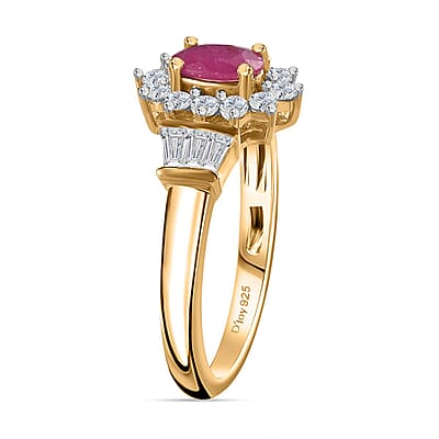 Premium Montepuez Ruby and White Zircon Sunburst Ring in Vermeil Yellow Gold Over Sterling Silver (Size 10.0) 1.35 ctw