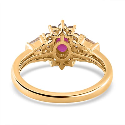 Premium Montepuez Ruby and White Zircon Sunburst Ring in Vermeil Yellow Gold Over Sterling Silver (Size 10.0) 1.35 ctw