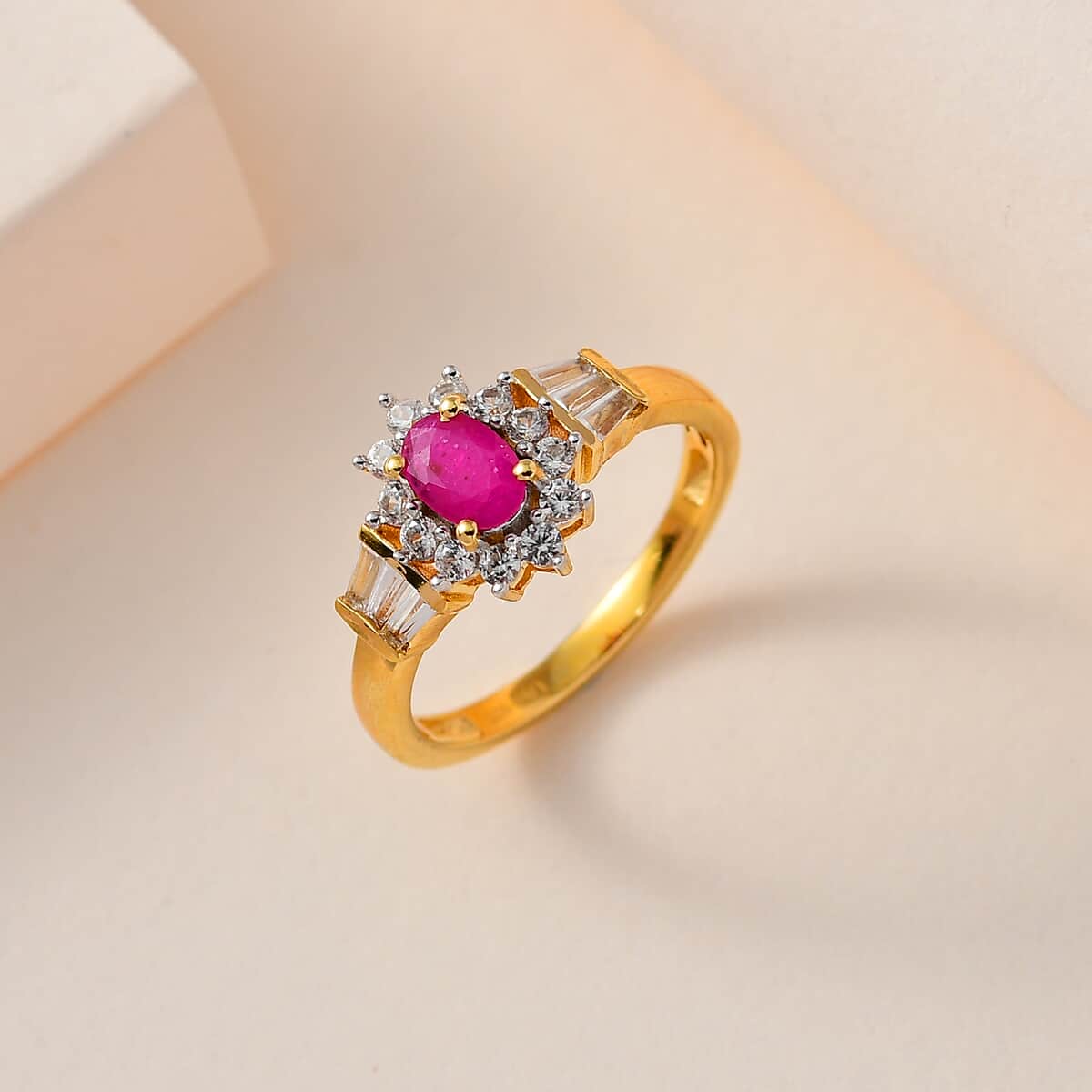 Premium Montepuez Ruby and White Zircon Sunburst Ring in Vermeil Yellow Gold Over Sterling Silver (Size 7.0) 1.35 ctw image number 1
