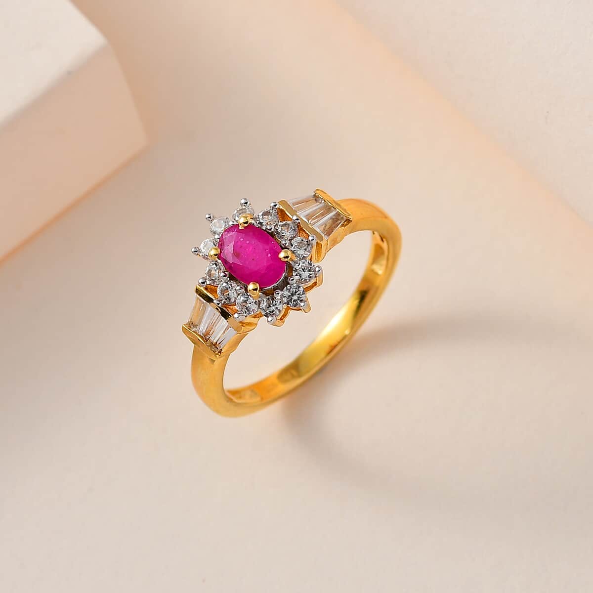 Premium Montepuez Ruby and White Zircon 1.35 ctw Sunburst Ring in Vermeil Yellow Gold Over Sterling Silver (Size 7.0) image number 1