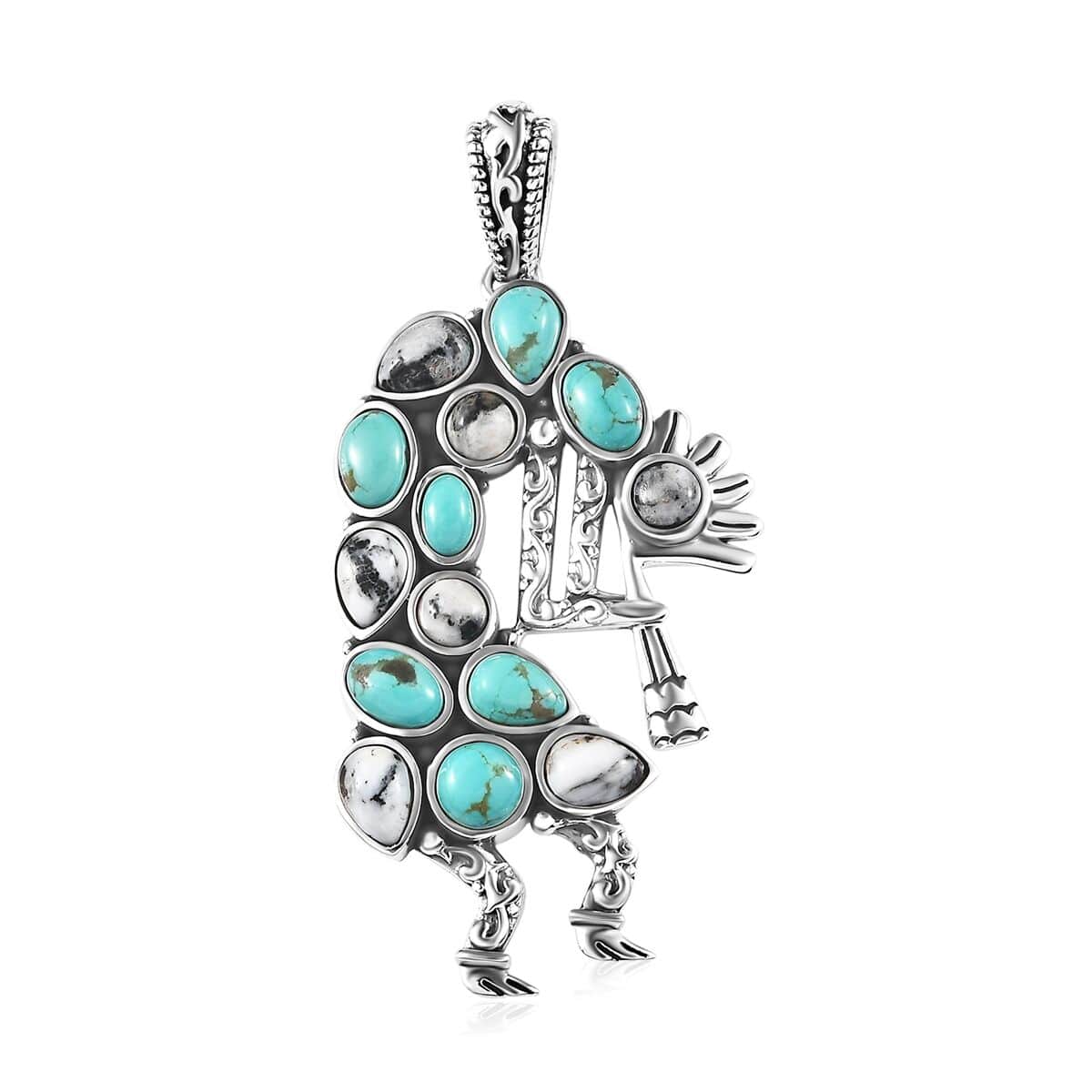 Artisan Crafted Sierra Nevada Turquoise and White Buffalo Kokopelli Pendant in Sterling Silver 6.00 ctw image number 0