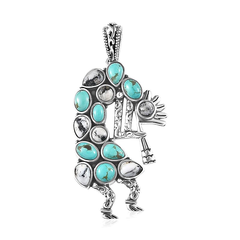 Artisan Crafted Sierra Nevada Turquoise and White Buffalo Kokopelli Pendant in Sterling Silver 6.00 ctw