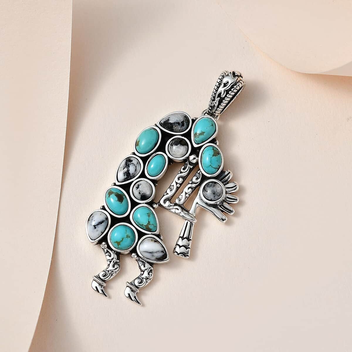 Artisan Crafted Sierra Nevada Turquoise and White Buffalo Kokopelli Pendant in Sterling Silver 6.00 ctw image number 1