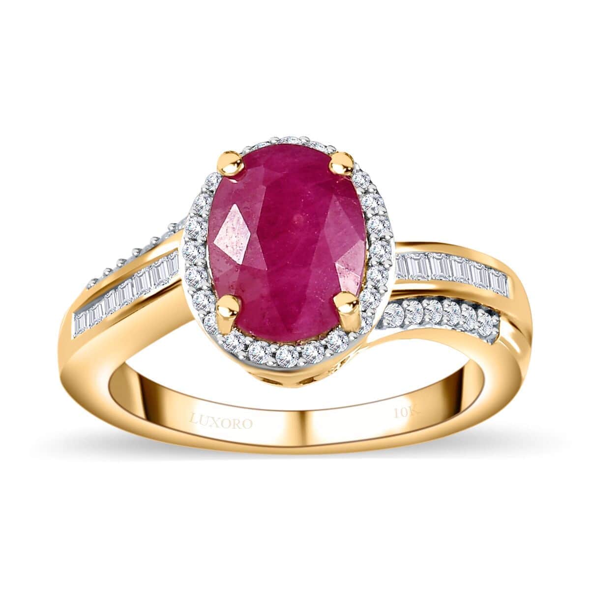 Luxoro 10K Yellow Gold Premium Montepuez Ruby and G-H I2 Diamond Bypass Halo Ring (Size 6.0) 2.50 ctw image number 0