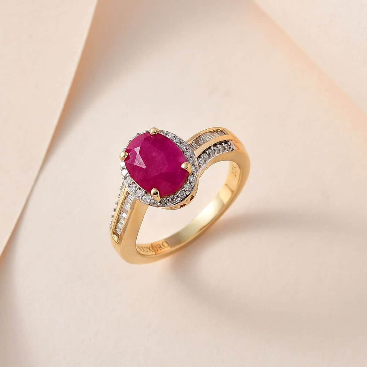 Luxoro 10K Yellow Gold Premium Montepuez Ruby and G-H I2 Diamond Bypass Halo Ring (Size 6.0) 2.50 ctw image number 1