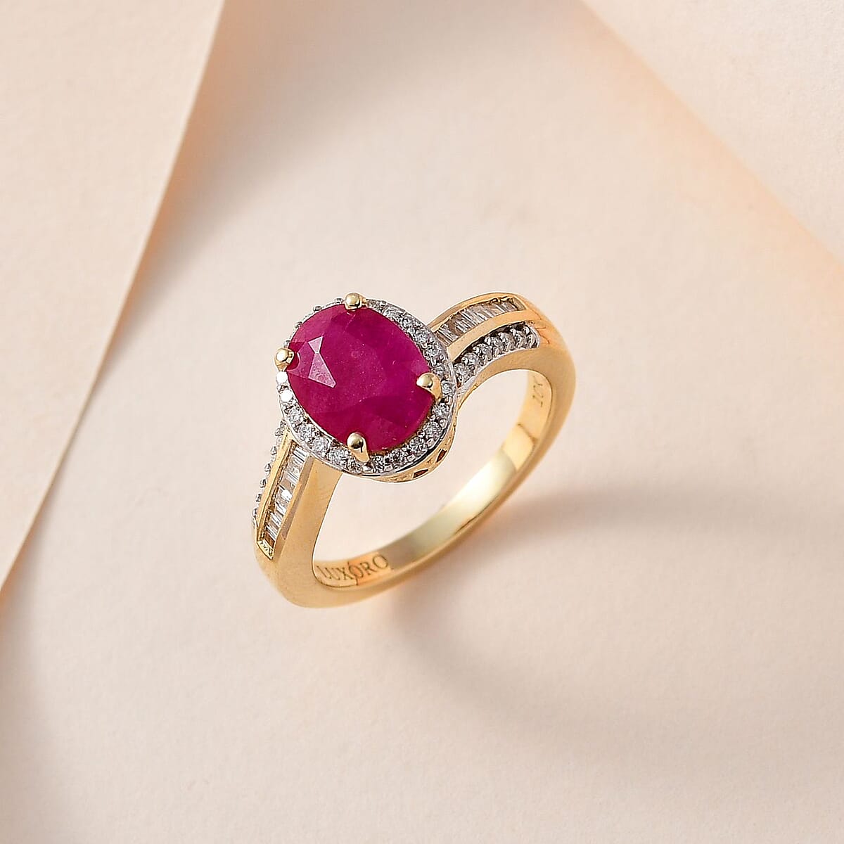 Luxoro Premium Montepuez Ruby and G-H I2 Diamond 2.50 ctw Bypass Halo Ring in 10K Yellow Gold (Size 8.0) image number 1
