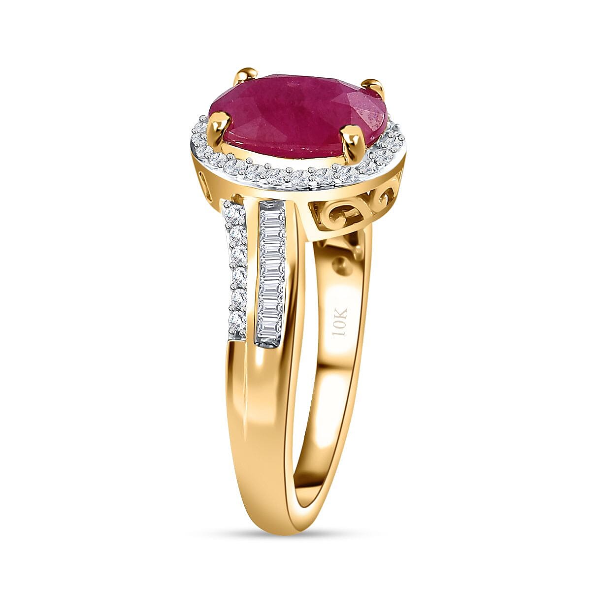 Luxoro Premium Montepuez Ruby and G-H I2 Diamond 2.50 ctw Bypass Halo Ring in 10K Yellow Gold (Size 8.0) image number 3