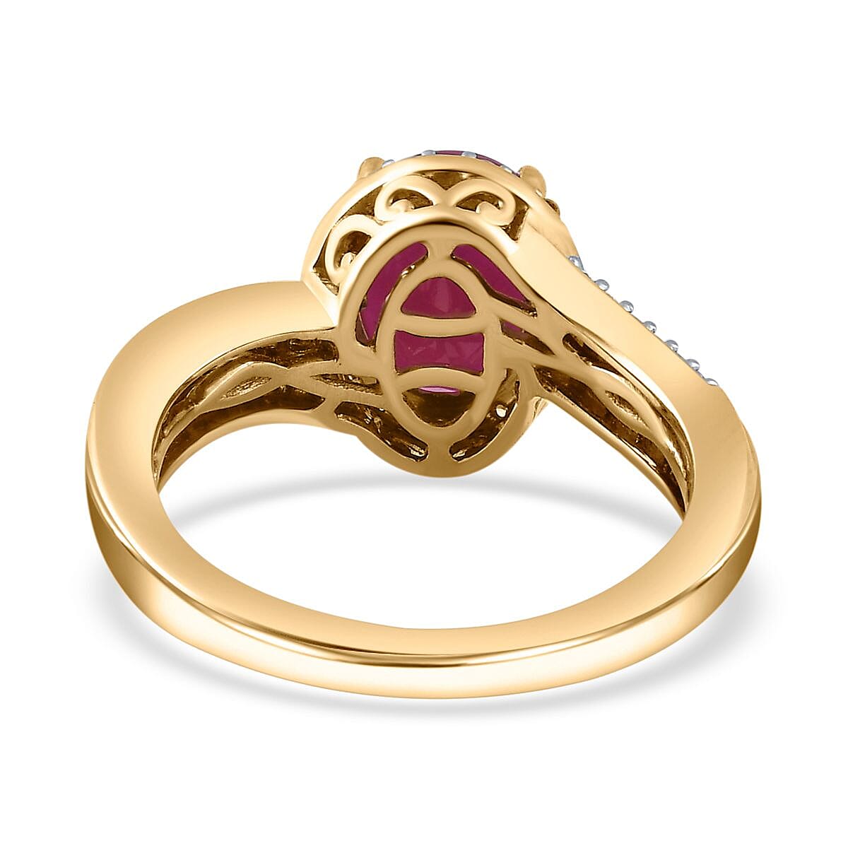 Luxoro Premium Montepuez Ruby and G-H I2 Diamond 2.50 ctw Bypass Halo Ring in 10K Yellow Gold (Size 8.0) image number 4