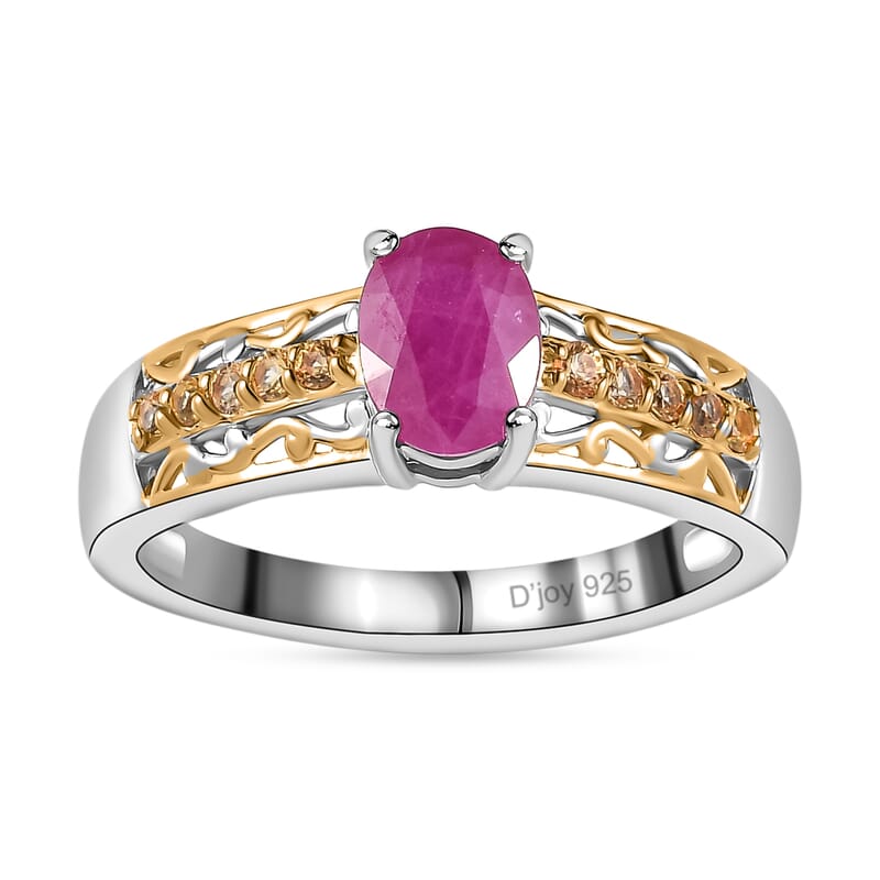 Premium Montepuez Ruby and Yellow Sapphire Ring in Vermeil YG and Platinum Over Sterling Silver (Size 10.0) 1.30 ctw