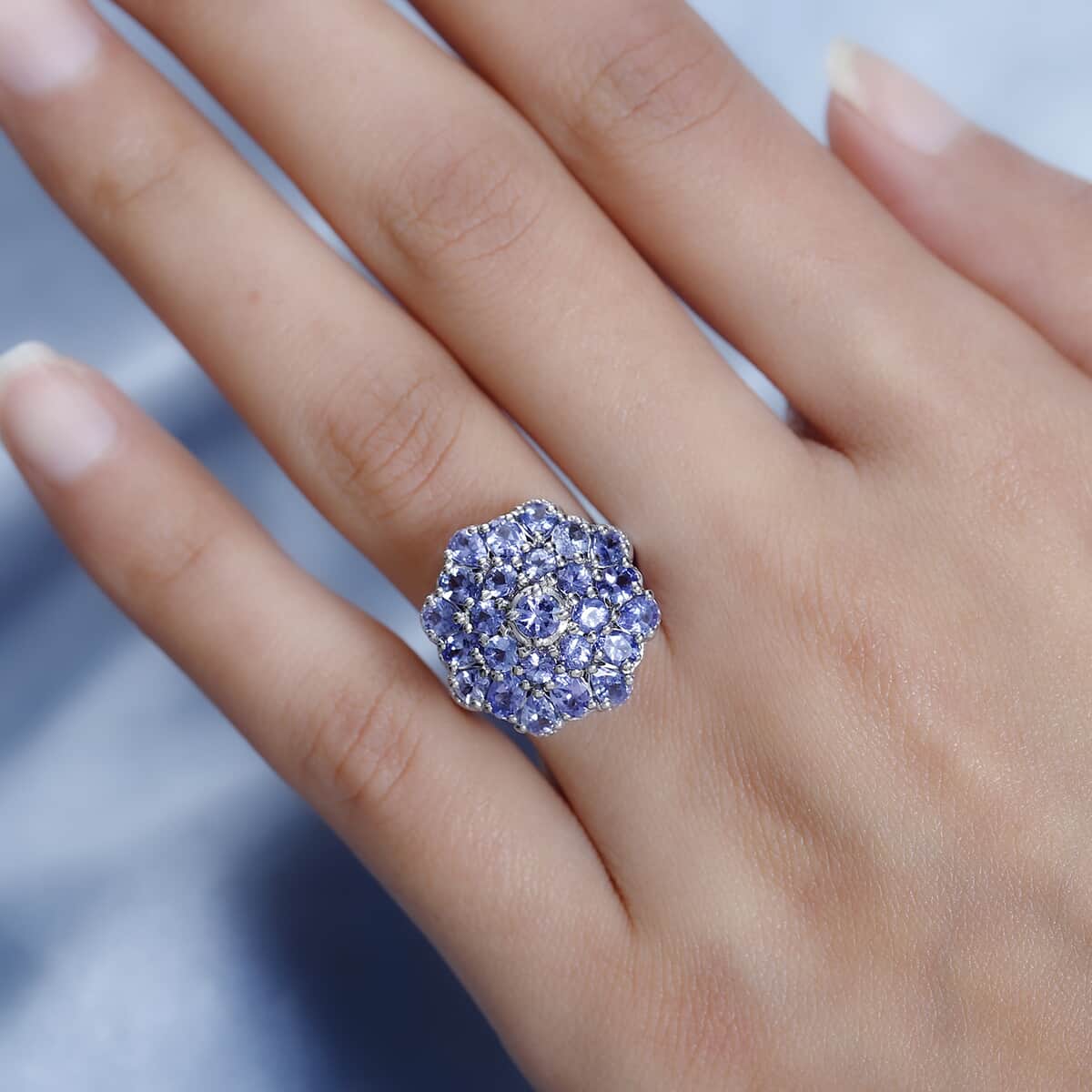 Tanzanite Floral Ring in Platinum Over Sterling Silver (Size 10.0) 3.75 ctw image number 2