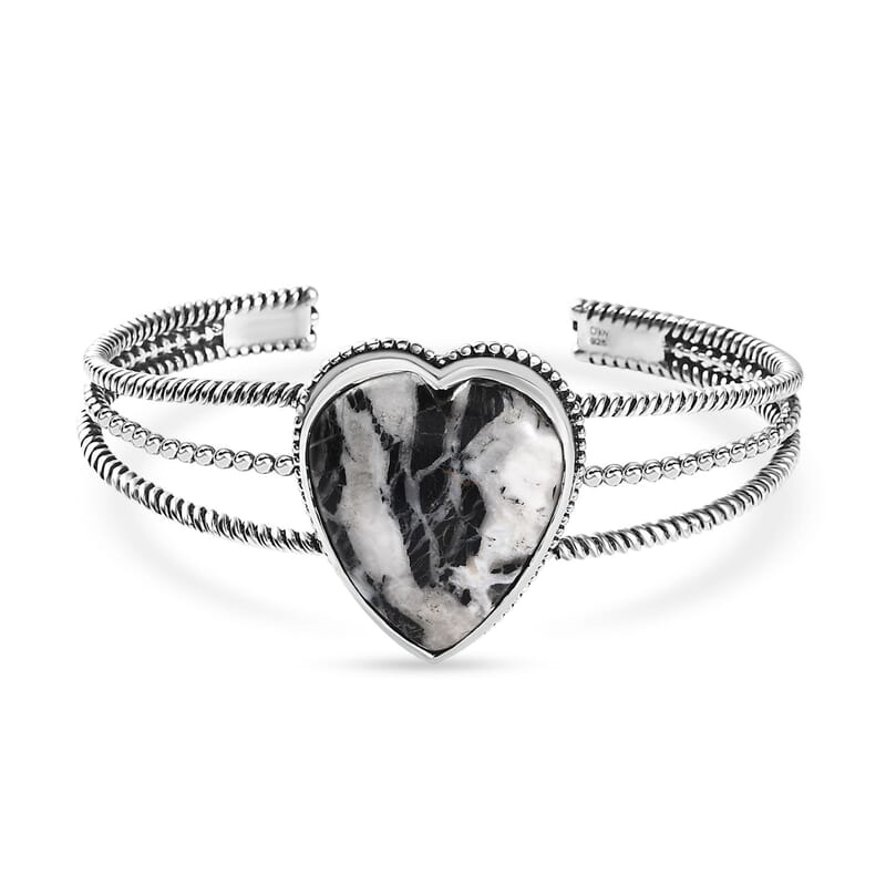 Artisan Crafted White Buffalo 21.40 ctw Heart Shape Cuff Bracelet in Sterling Silver