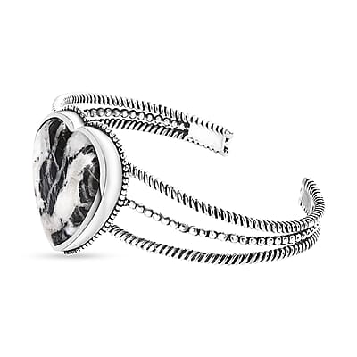 Artisan Crafted White Buffalo 21.40 ctw Heart Shape Cuff Bracelet in Sterling Silver