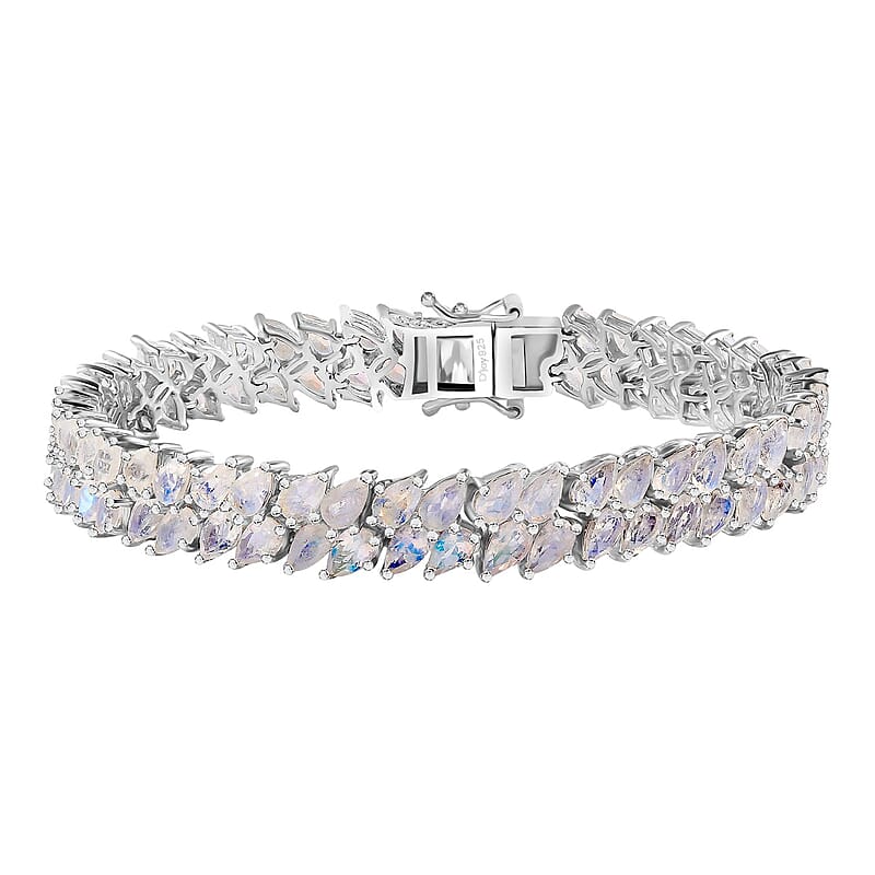 D'Joy Premium Moon Glow Moonstone 2 Row Bracelet in Platinum Over Sterling Silver (7.25 In) 18.40 ctw